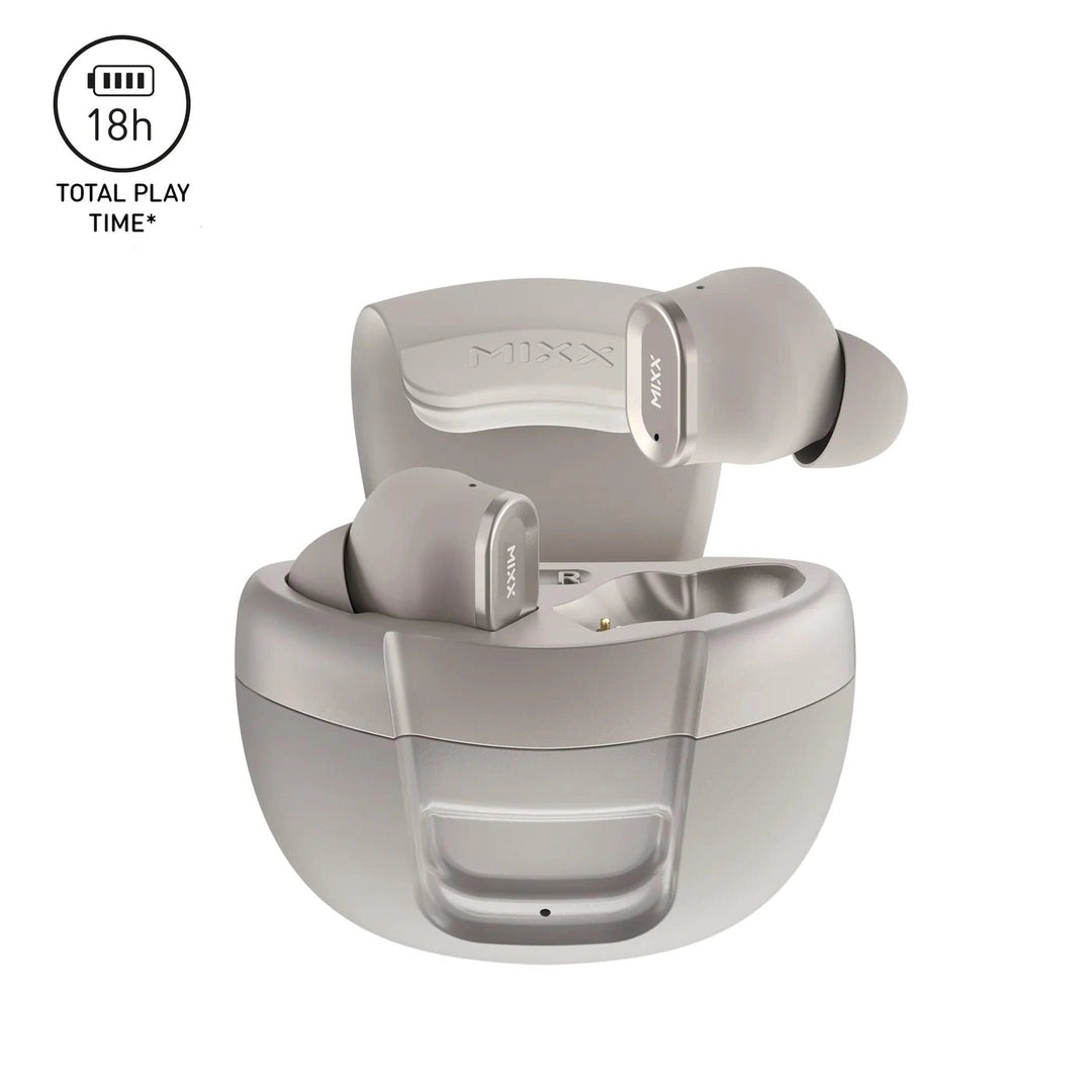 Mixx Streambuds Solo 1 SBSO-01-CG-384 champagne wireless earbuds, open charging case with earbuds