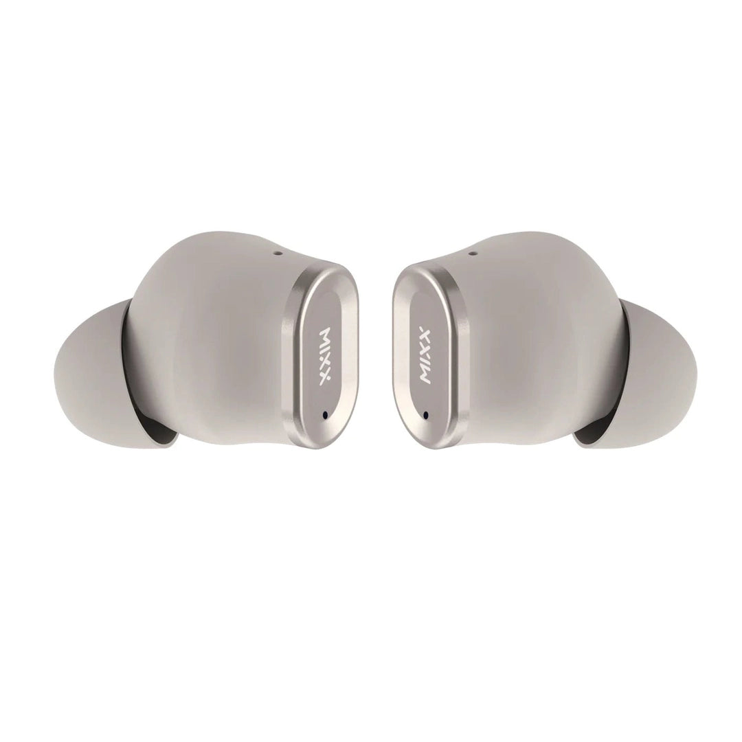 Mixx Streambuds Solo 1 SBSO-01-CG-384 champagne wireless earbuds, pair of earbuds, side view