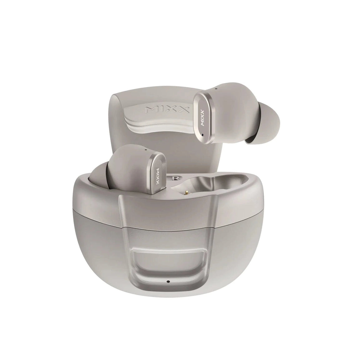 Mixx Streambuds Solo 1 SBSO-01-CG-384 champagne wireless earbuds, open charging case with earbuds