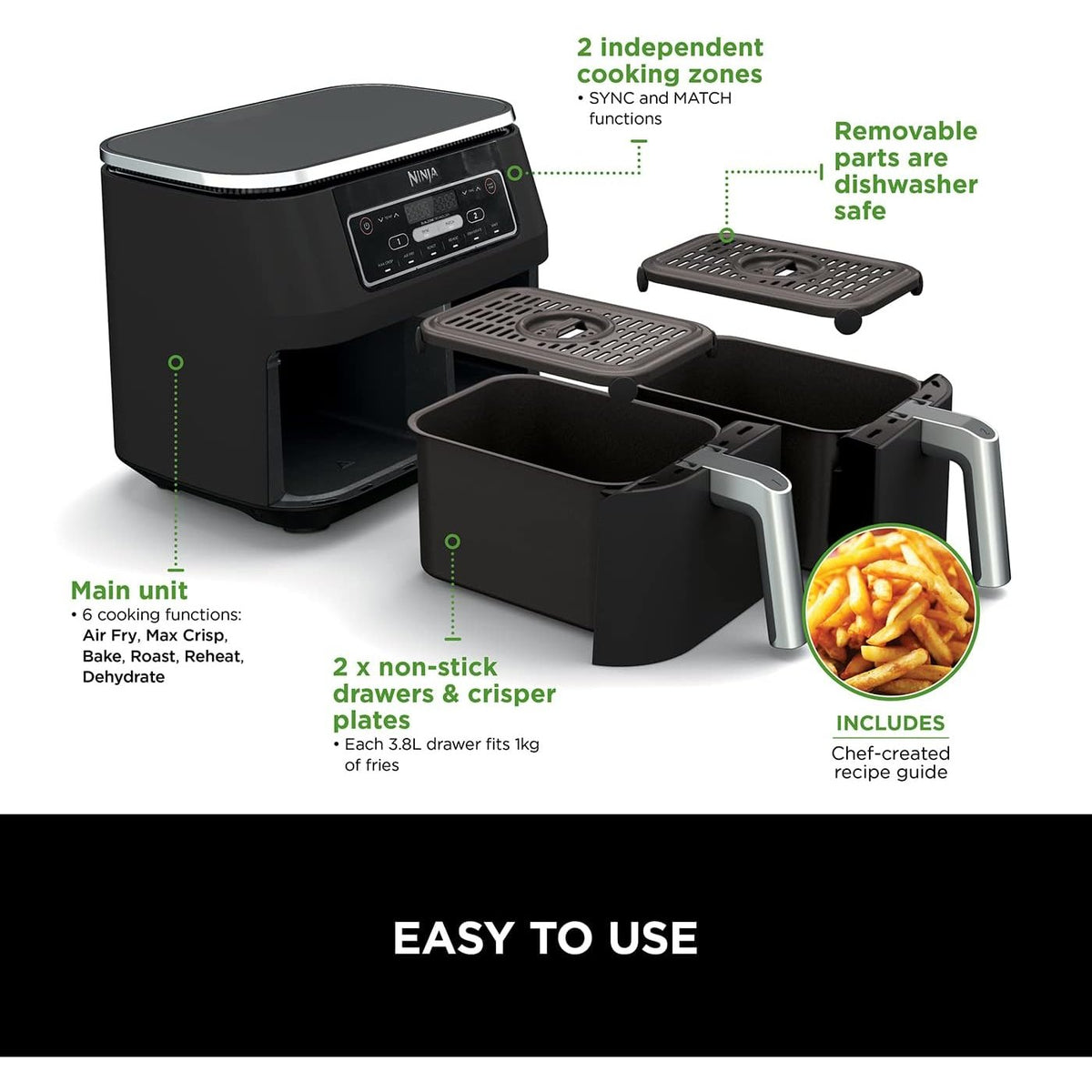 Ninja Foodi Dual Zone AF300UK air fryer with parts labelled, drawers and crisper plates