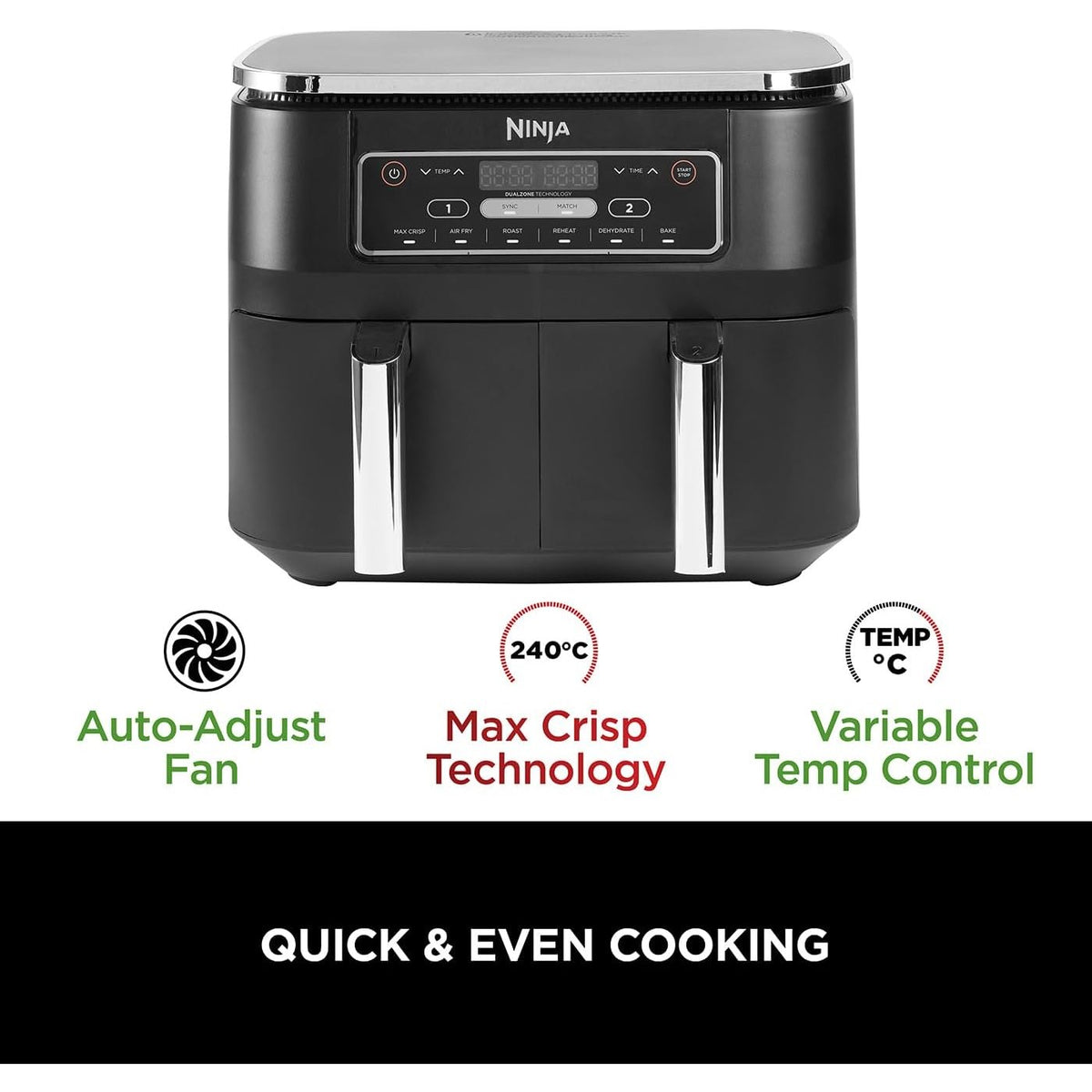 Ninja Foodi Dual Zone AF300UK air fryer, front view with fan, max crisp and temperature icons