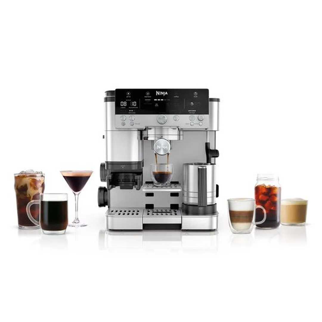 Ninja Luxe Cafe Premier ES601UK, front view with a range of drinks around it