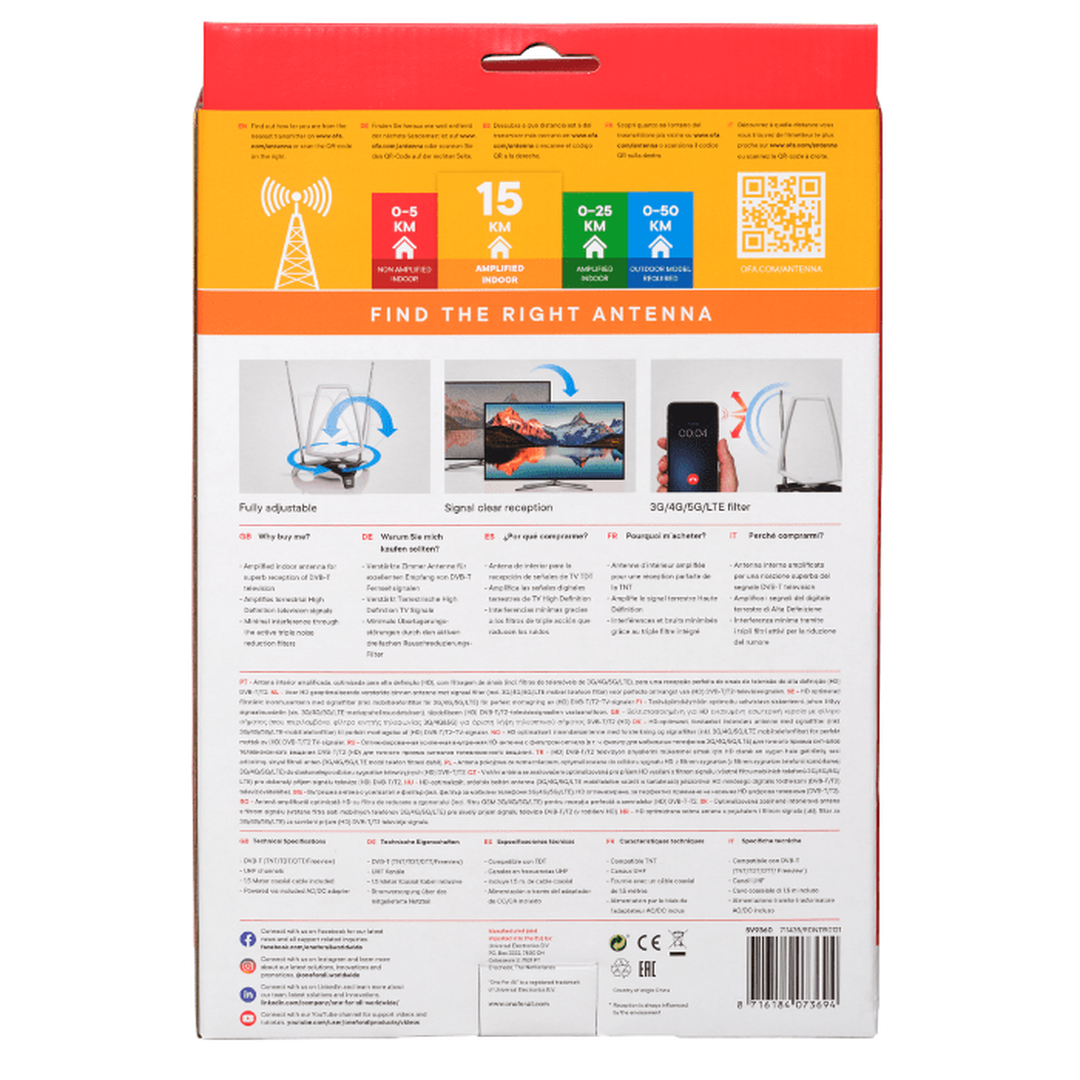 One For All Digital Antenna, Indoor, Amplified Up To 45dB Gain, Range to 15km One4All Antenna Euronics Ireland