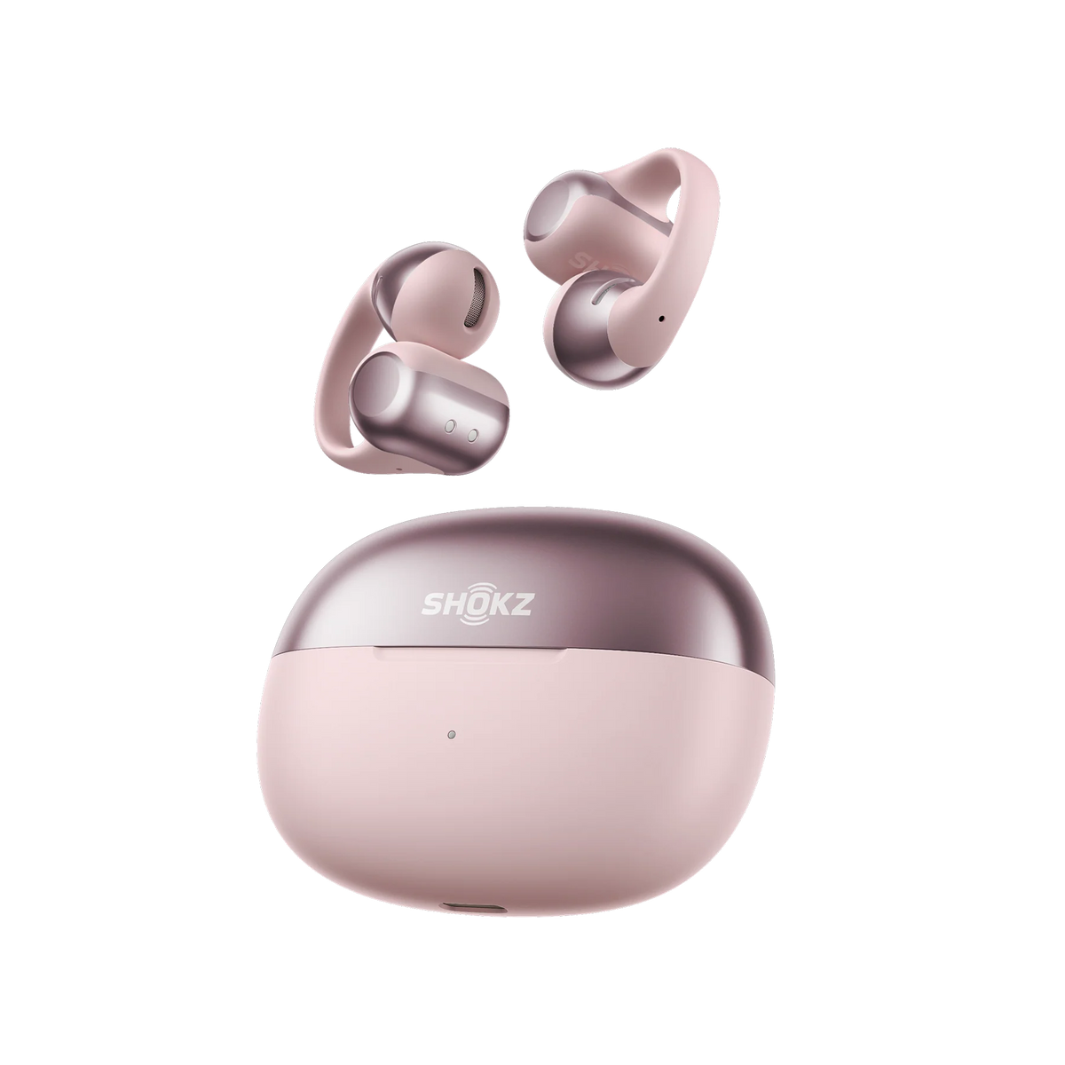 Shokz OpenDots ONE Open-Ear Clip-On Earbuds - Pink - earbuds above the charging case