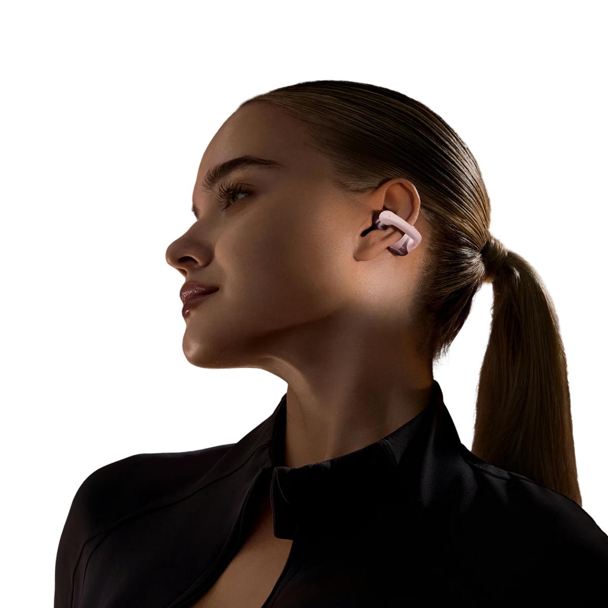 Shokz OpenDots ONE Open-Ear Clip-On Earbuds - Pink - worn on the ear