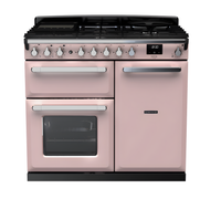 Rangemaster Estel Deluxe 100 Dual Fuel range cooker in Pale Pink with Chrome trim