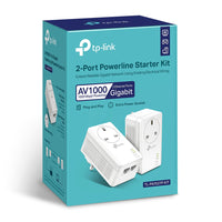 TP-Link TL-PA7027P KIT AV1000 2-Port Gigabit Pass-through Powerline Starter Kit — packaging, two units and 2-port callout shown