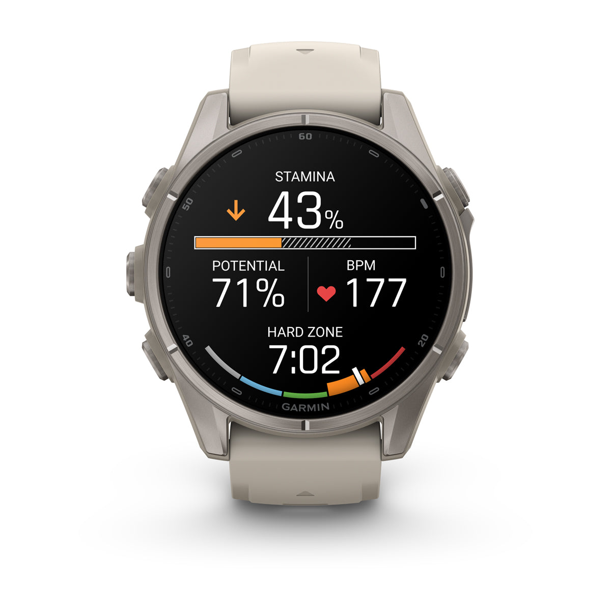 Garmin fenix 9 43mm AMOLED Sapphire GPS Smartwatch - front view with data screen