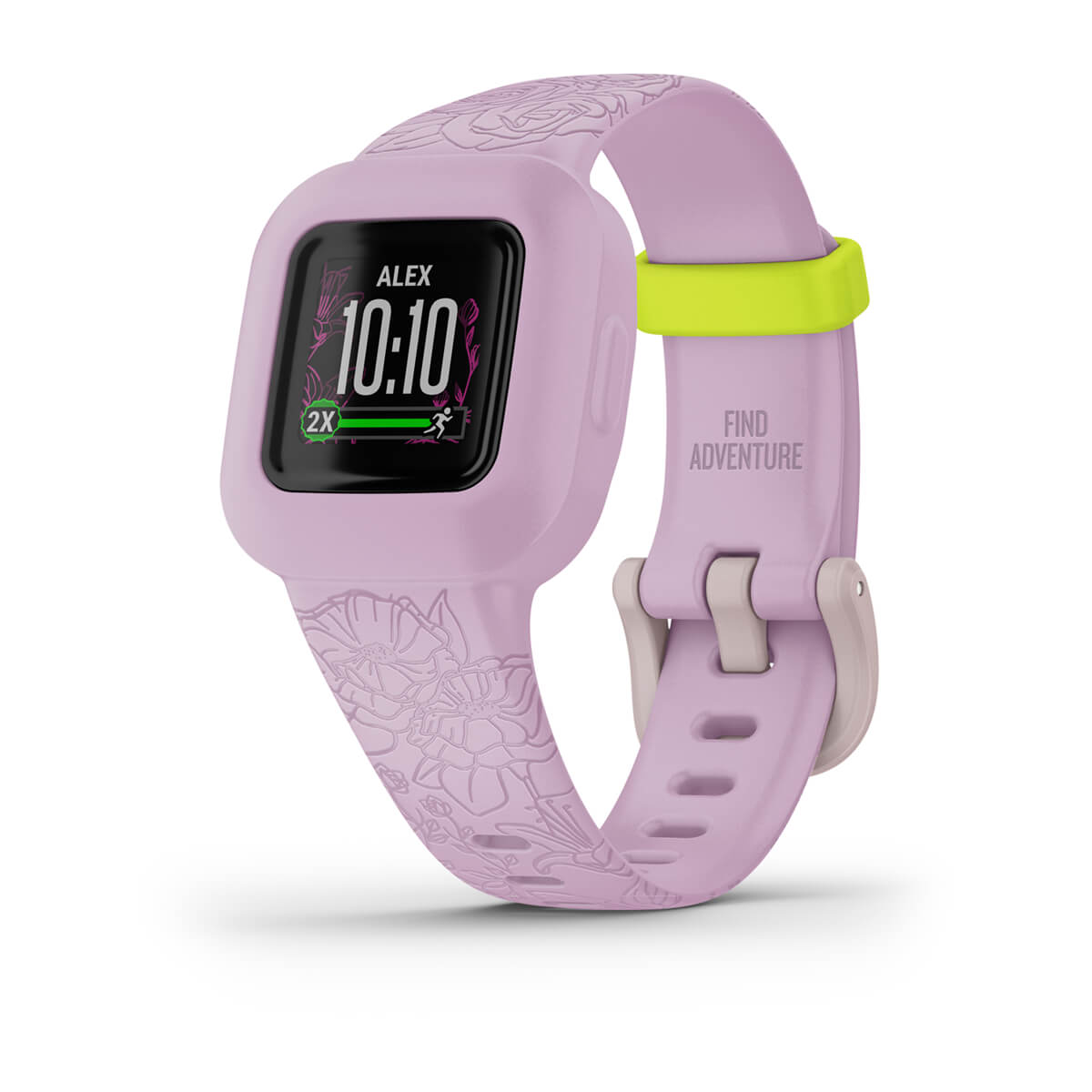 Garmin vivofit jr. 3 Kids Activity Tracker - front three-quarter view, activity scree