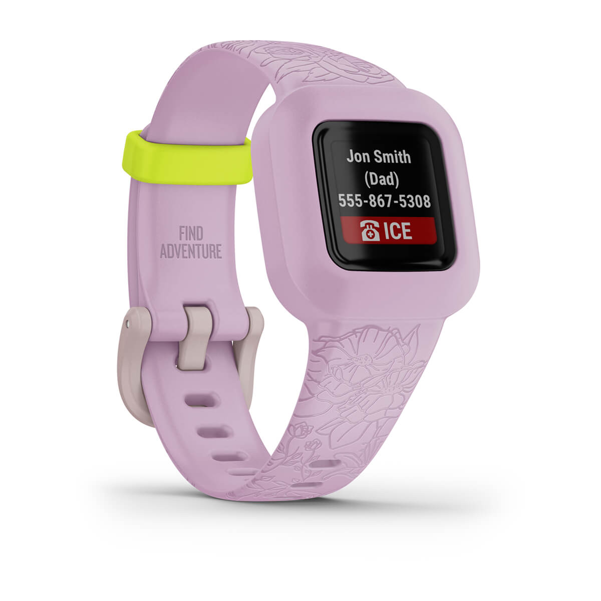 Garmin vivofit jr. 3 Kids Activity Tracker - front three-quarter view, emergency cont