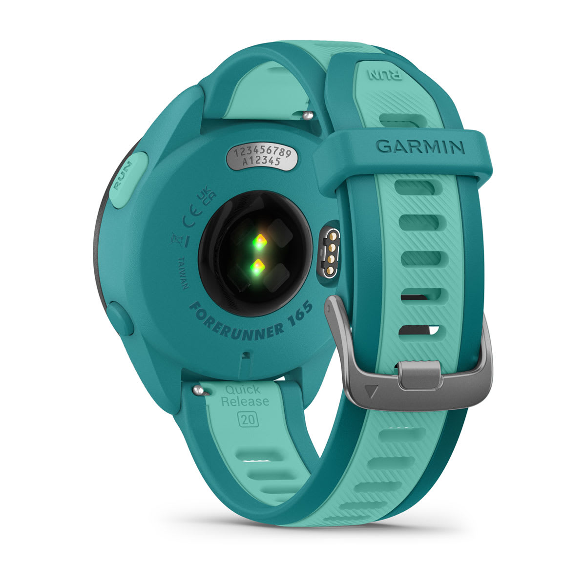 Garmin Forerunner 165 Music GPS Running Smartwatch - back view, heart-rate sensor