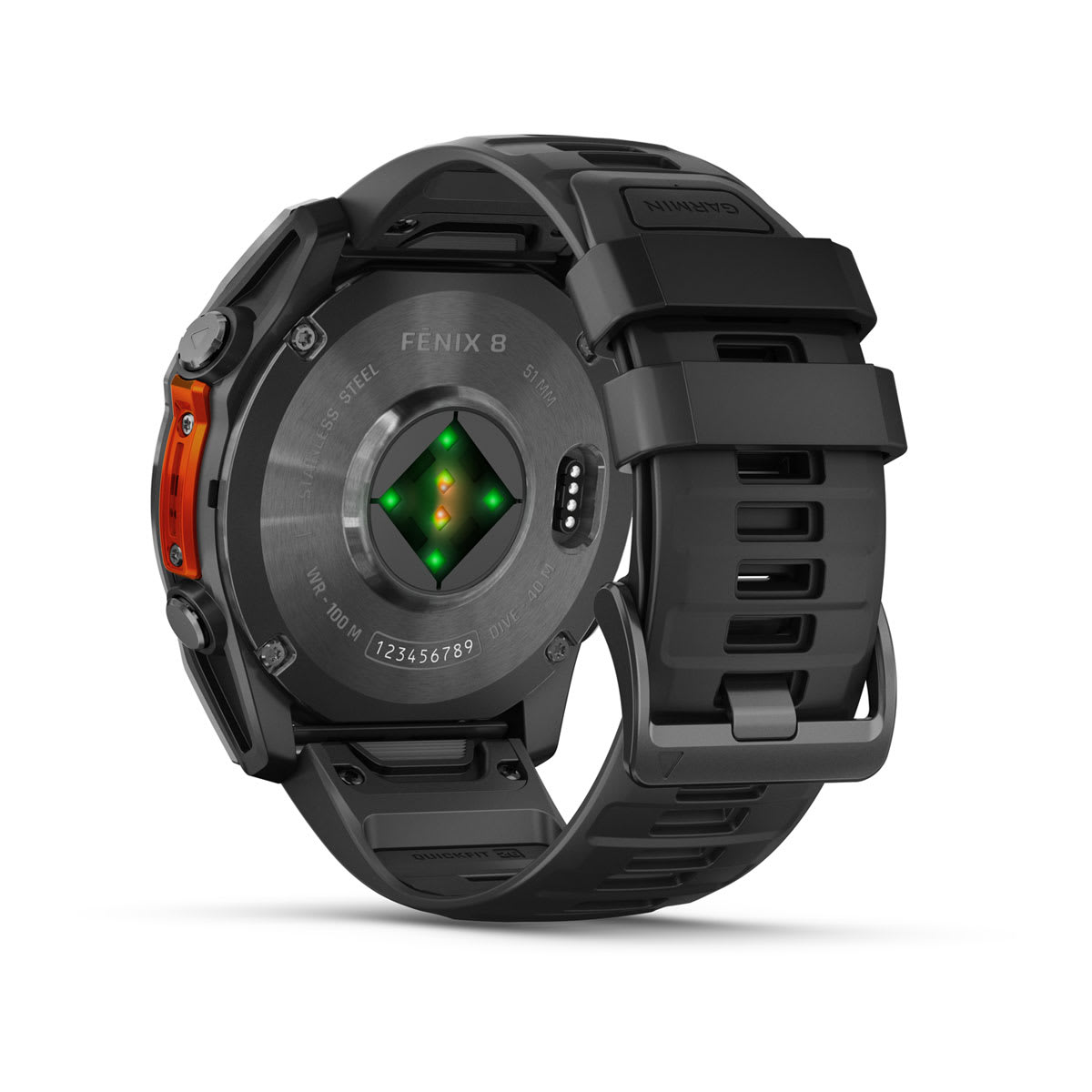 Garmin fenix 8 51mm AMOLED GPS Smartwatch - back view, heart-rate sensor