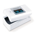 Beurer PO 35 pulse oximeter, White — angled view, display showing SpO2/pulse