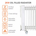 Warmlite WL43004YW 2kW 9-fin oil filled radiator feature and specification graphic showing 2000W-800W three heat settings