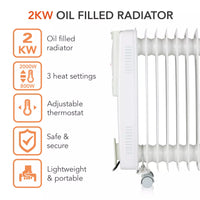 Warmlite WL43004YW 2kW 9-fin oil filled radiator feature and specification graphic showing 2000W-800W three heat settings