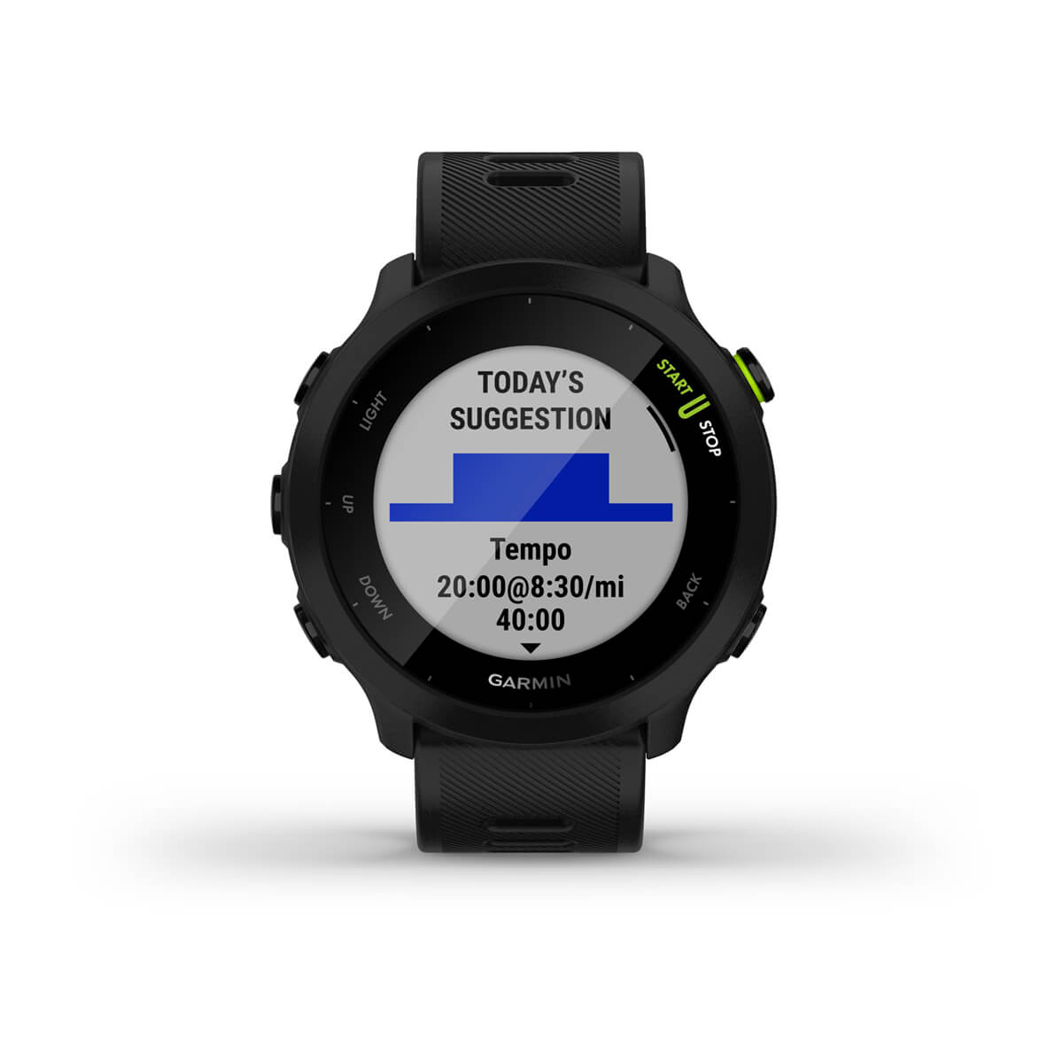 Garmin Forerunner 55 GPS Running Smartwatch - front view, screen on