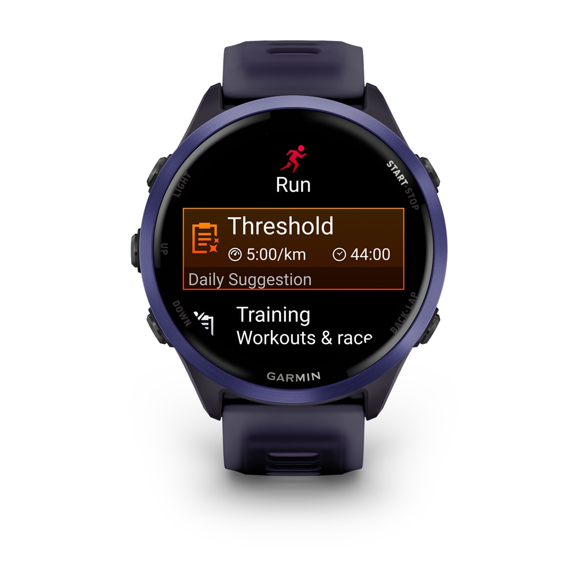 Garmin Forerunner 570 47mm GPS Running Smartwatch - front view, screen on