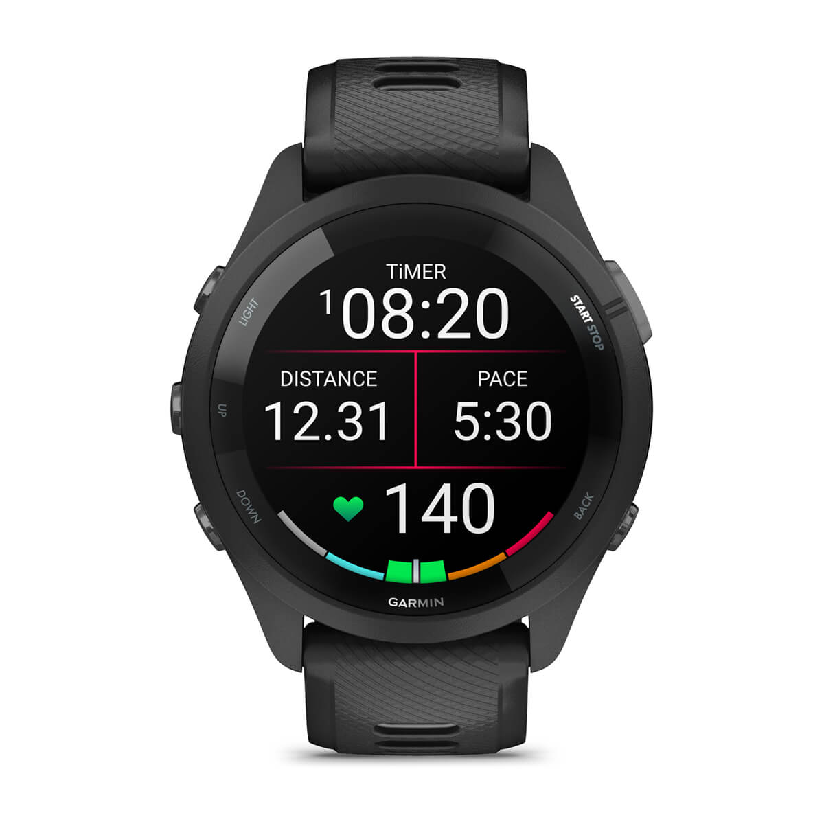 Garmin Forerunner 265 Music GPS Running Smartwatch - front view, screen on