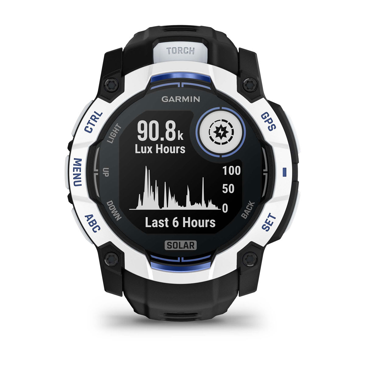 Garmin Instinct 3 50mm Solar Rugged GPS Smartwatch - front view, screen on