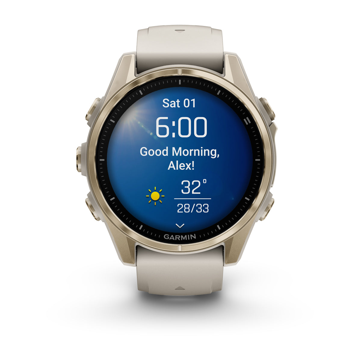 Garmin fenix 8 43mm AMOLED Sapphire GPS Smartwatch - front view, screen on