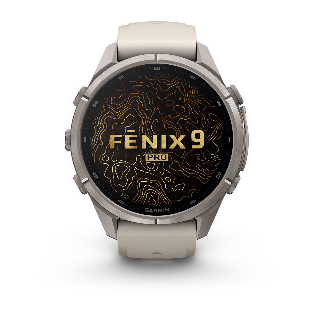 Garmin fenix 9 Pro inReach 43mm AMOLED Sapphire GPS Smartwatch - front view, screen on