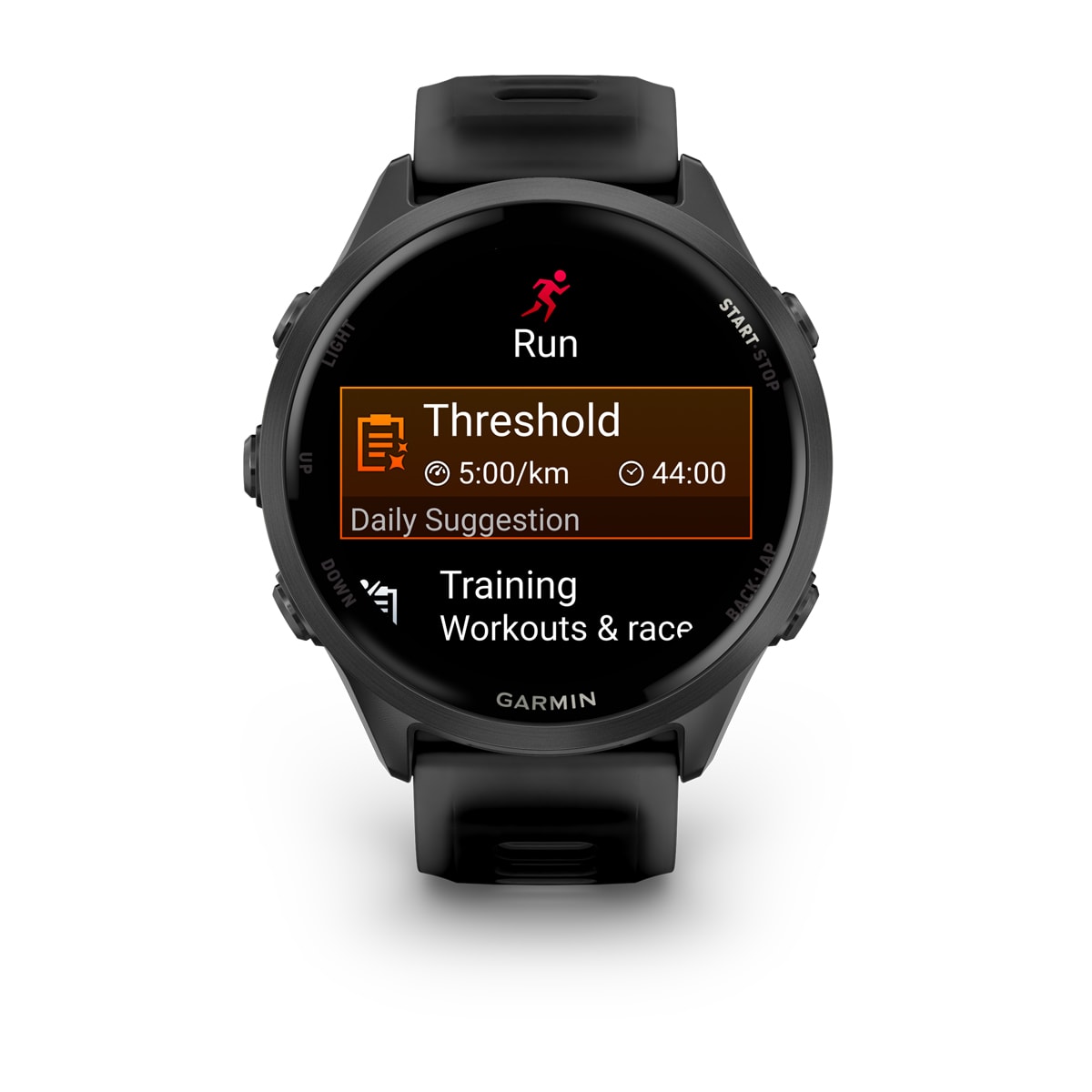 Garmin Forerunner 570 47mm GPS Running Smartwatch - front view, screen on