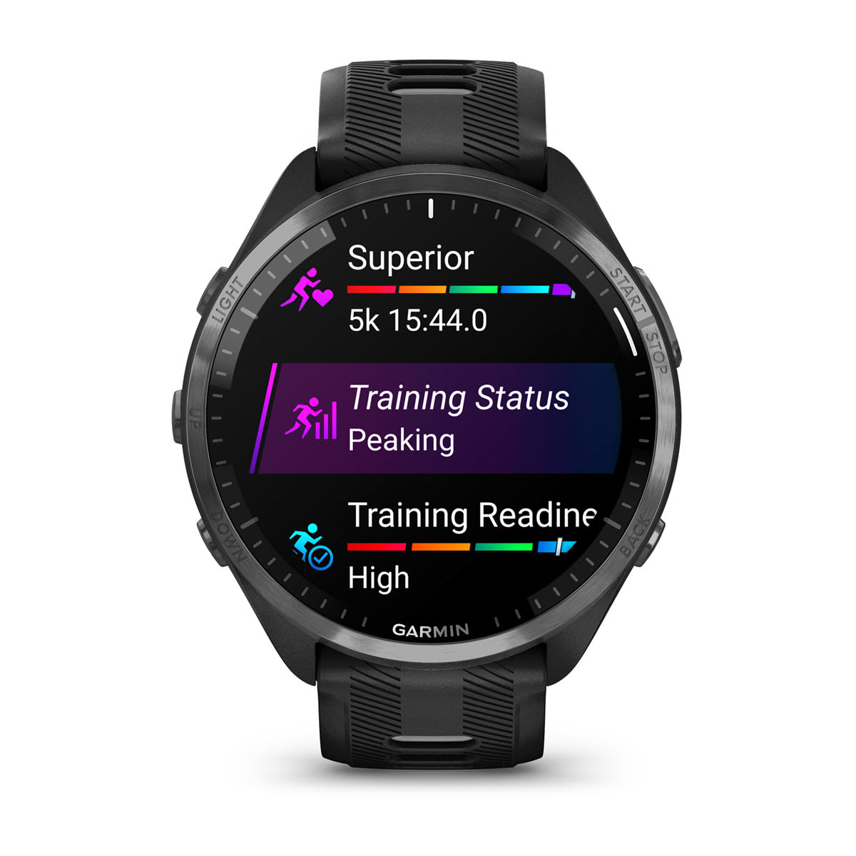 Garmin Forerunner 965 GPS Running Smartwatch - front view, screen on