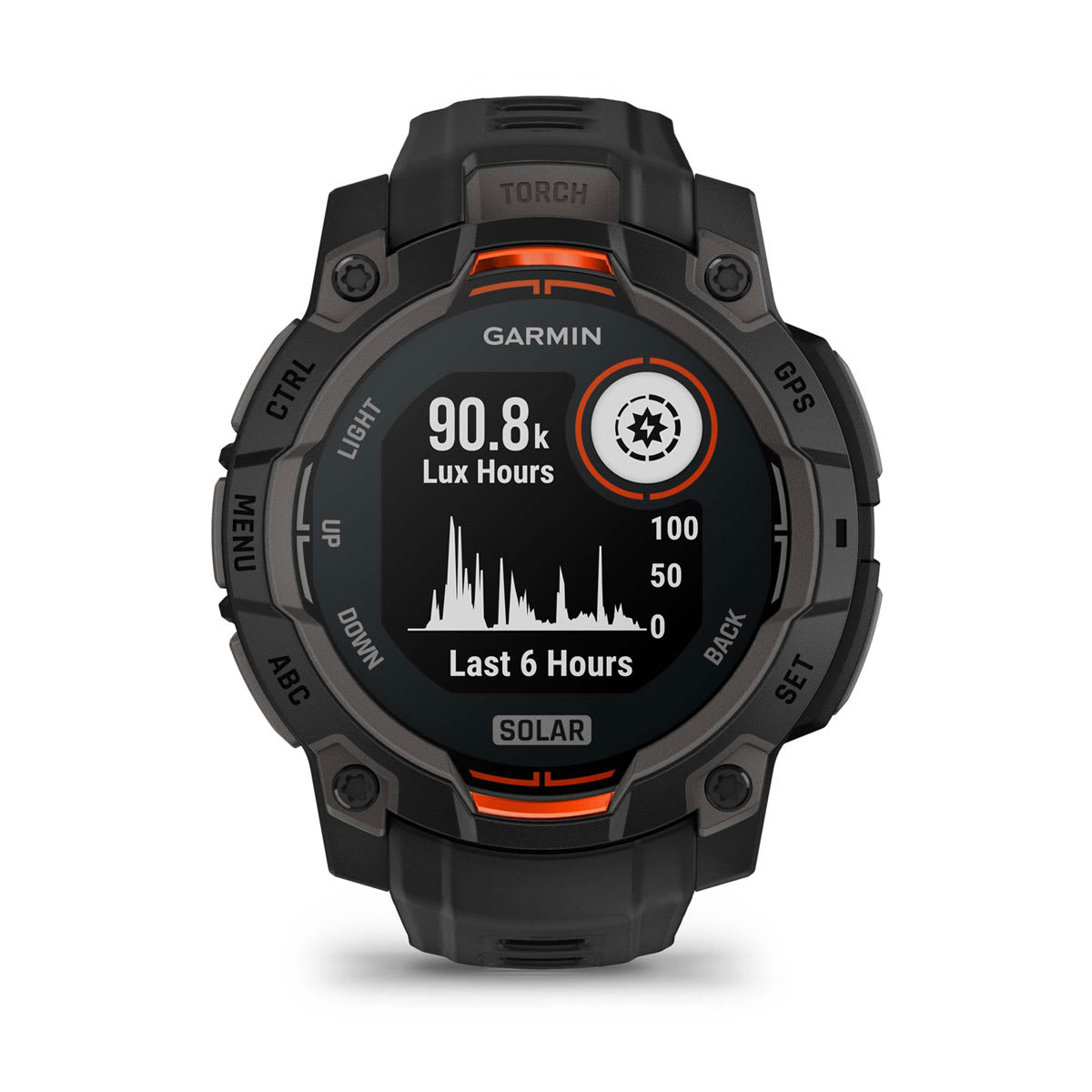 Garmin Instinct 3 45mm Solar Rugged GPS Smartwatch - front view, screen on