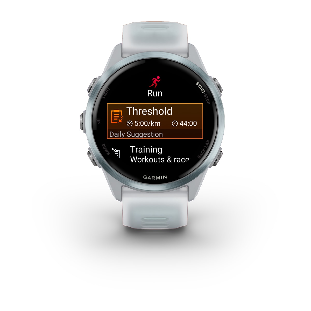 Garmin Forerunner 570 42mm GPS Running Smartwatch - front view, screen on