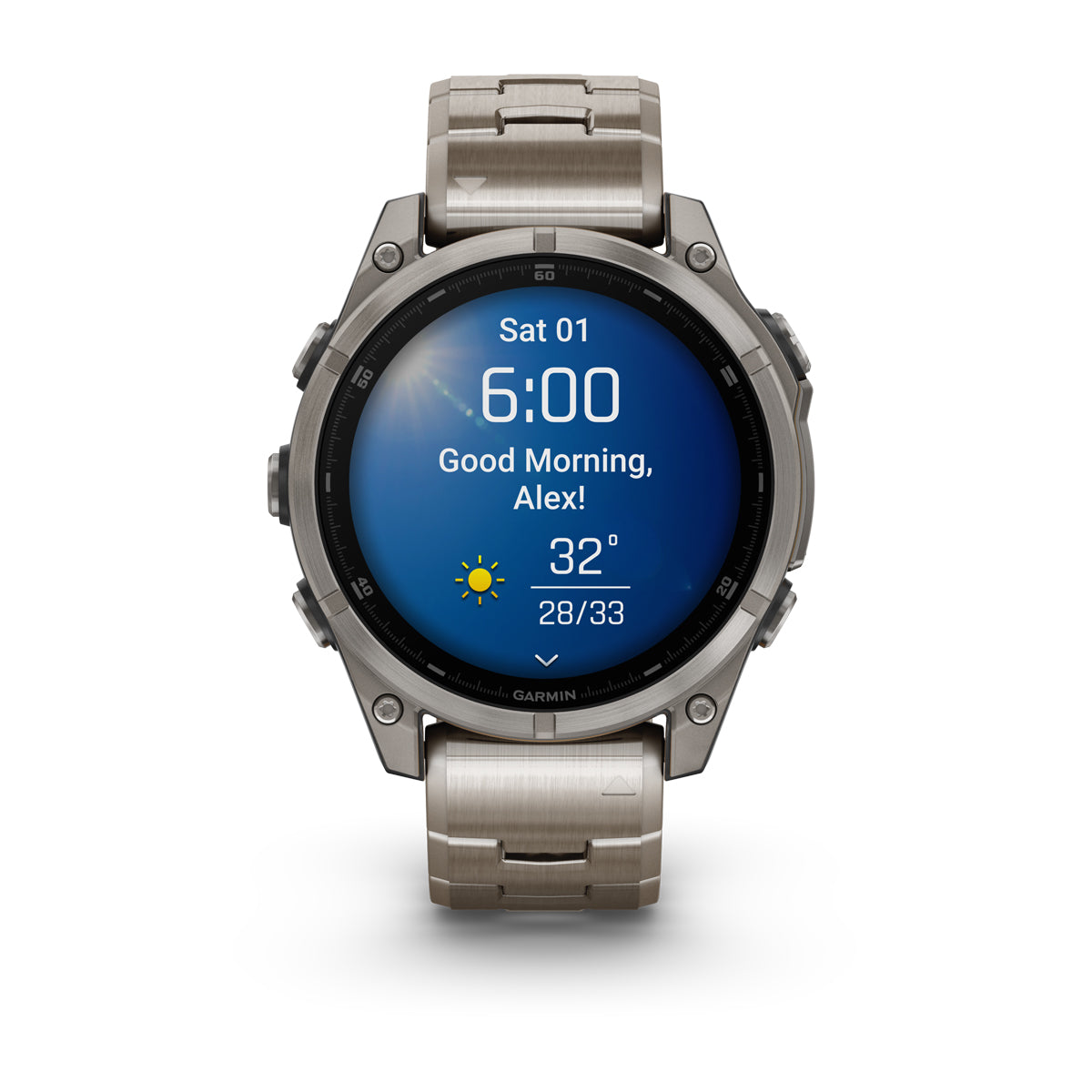 Garmin fenix 8 47mm AMOLED Sapphire GPS Smartwatch - front view, screen on