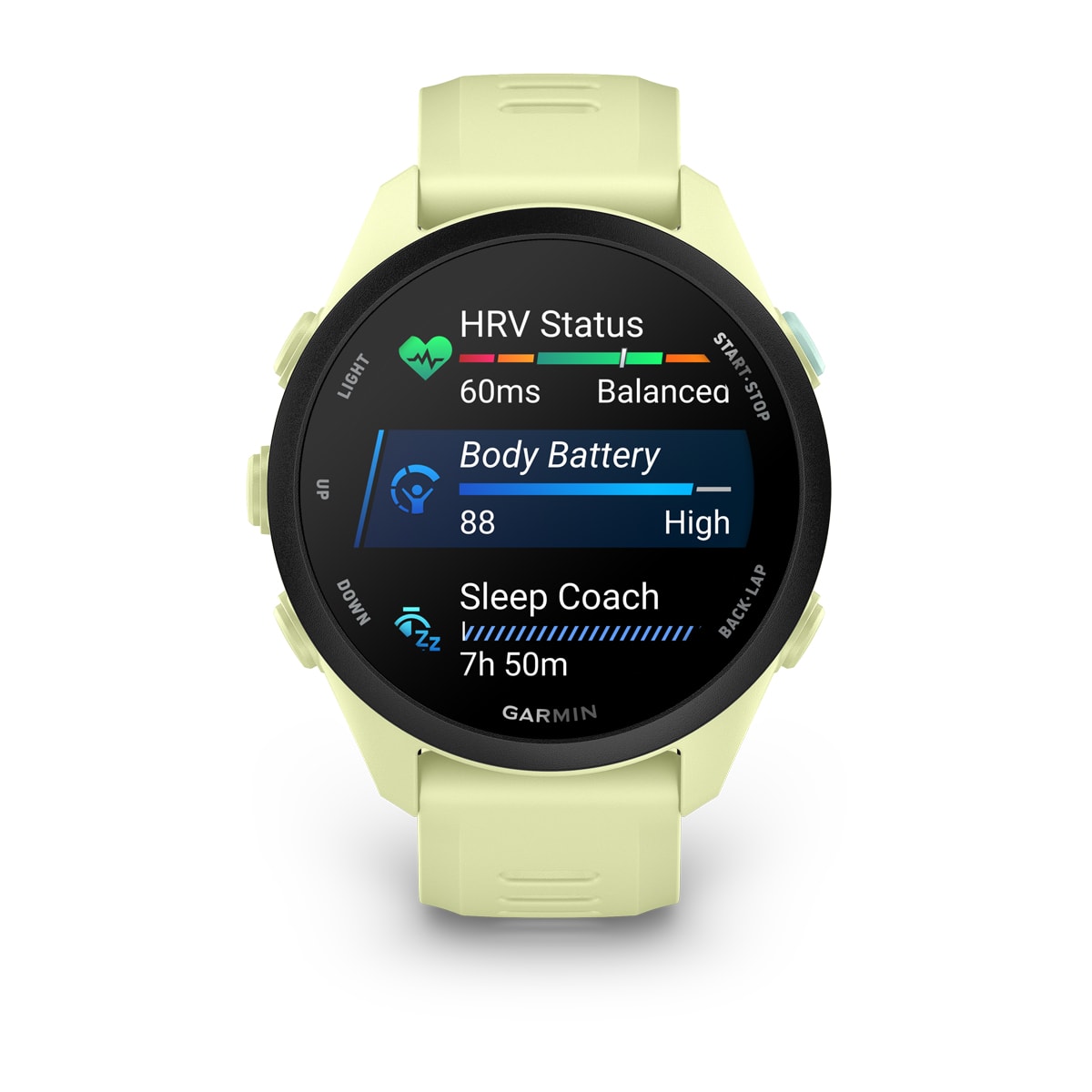 Garmin Forerunner 70 GPS Running Smartwatch - front view, screen on