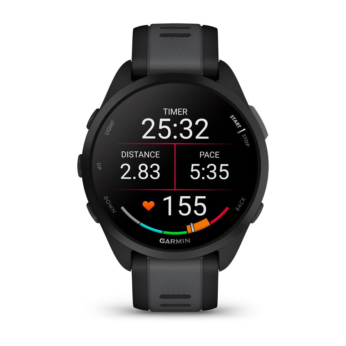Garmin Forerunner 165 Music GPS Running Smartwatch - front view, screen on