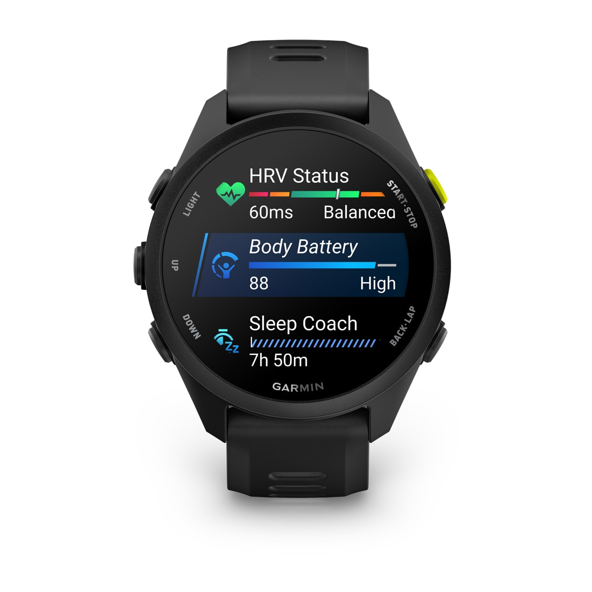 Garmin Forerunner 70 GPS Running Smartwatch - front view, screen on