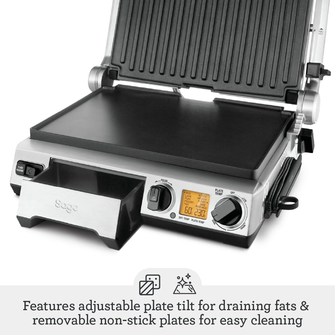Sage 2400W Cast Aluminium Non-stick Smart Grill Pro - Brushed Stainless Steel| BGR840BSS Sage Grill Euronics Ireland