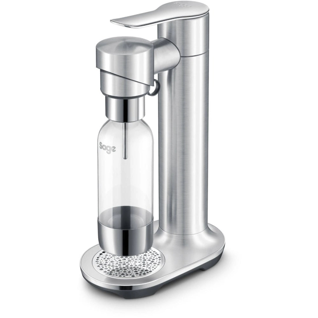 Sage InFizz Fusion SCA800DBL0ZEU1 carbonator, angled view with a bottle