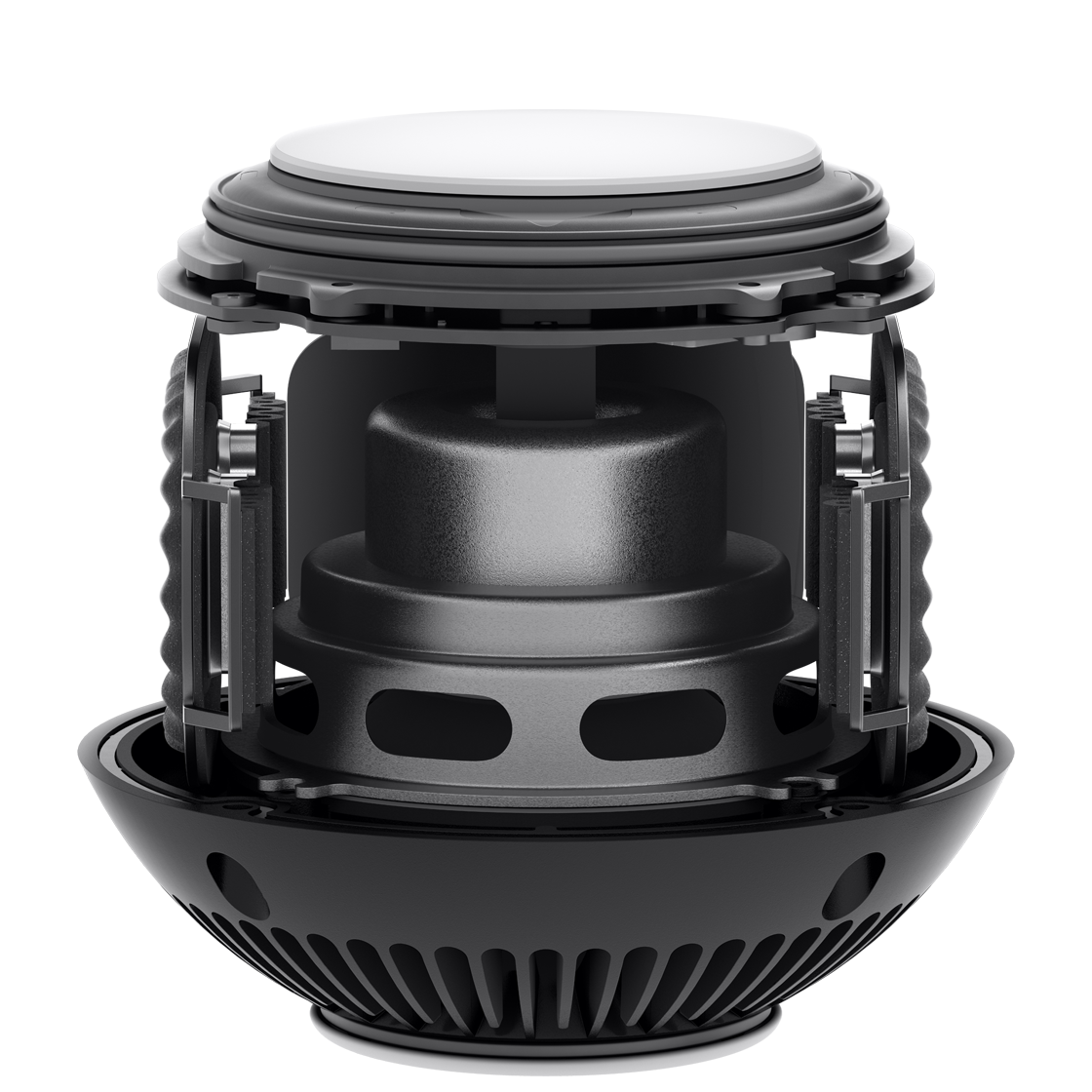 Apple HomePod mini Smart Speaker - White - cutaway showing the driver and passive radiators