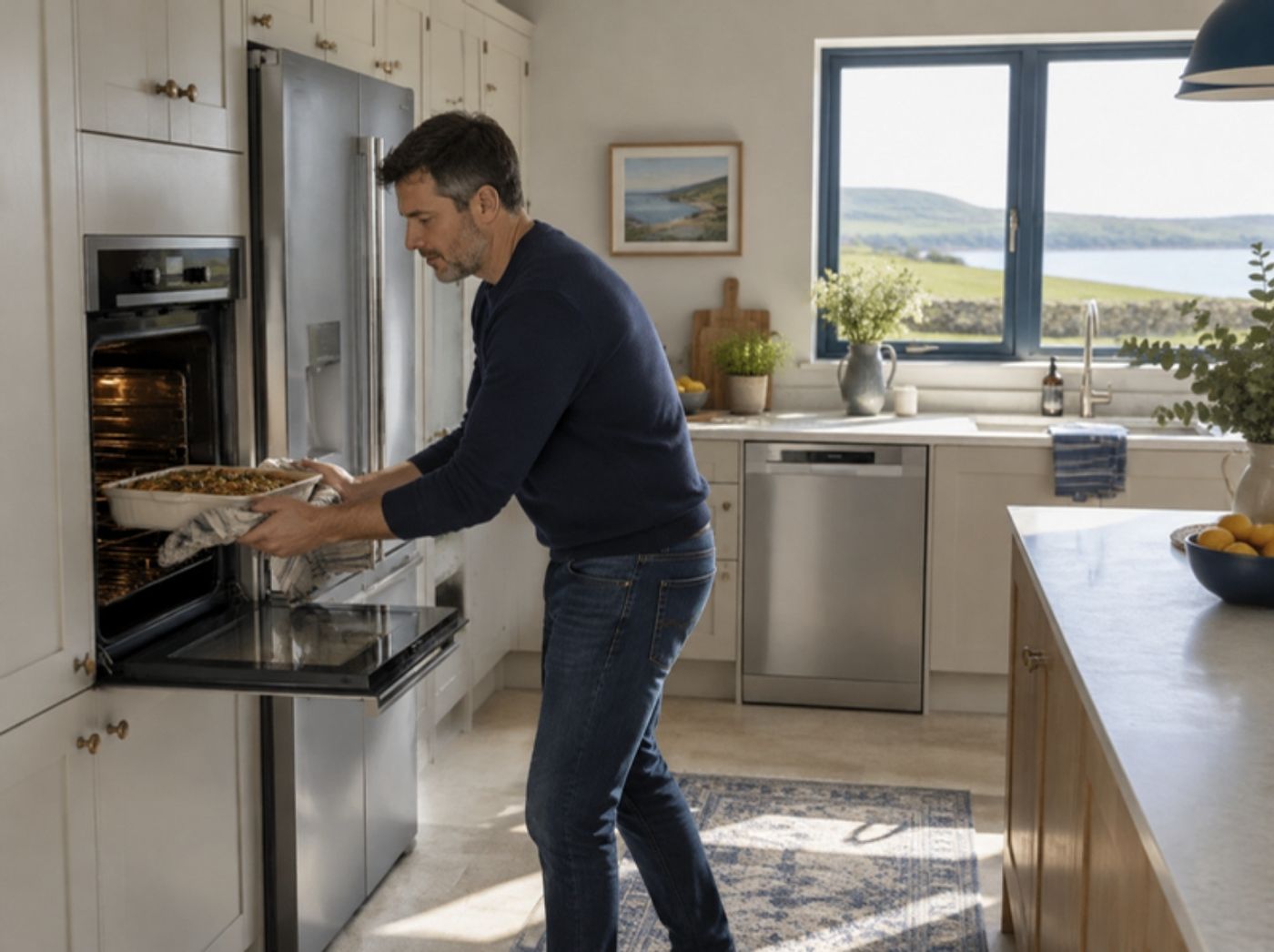 A man taking a dish from an oven in a modern kitchen