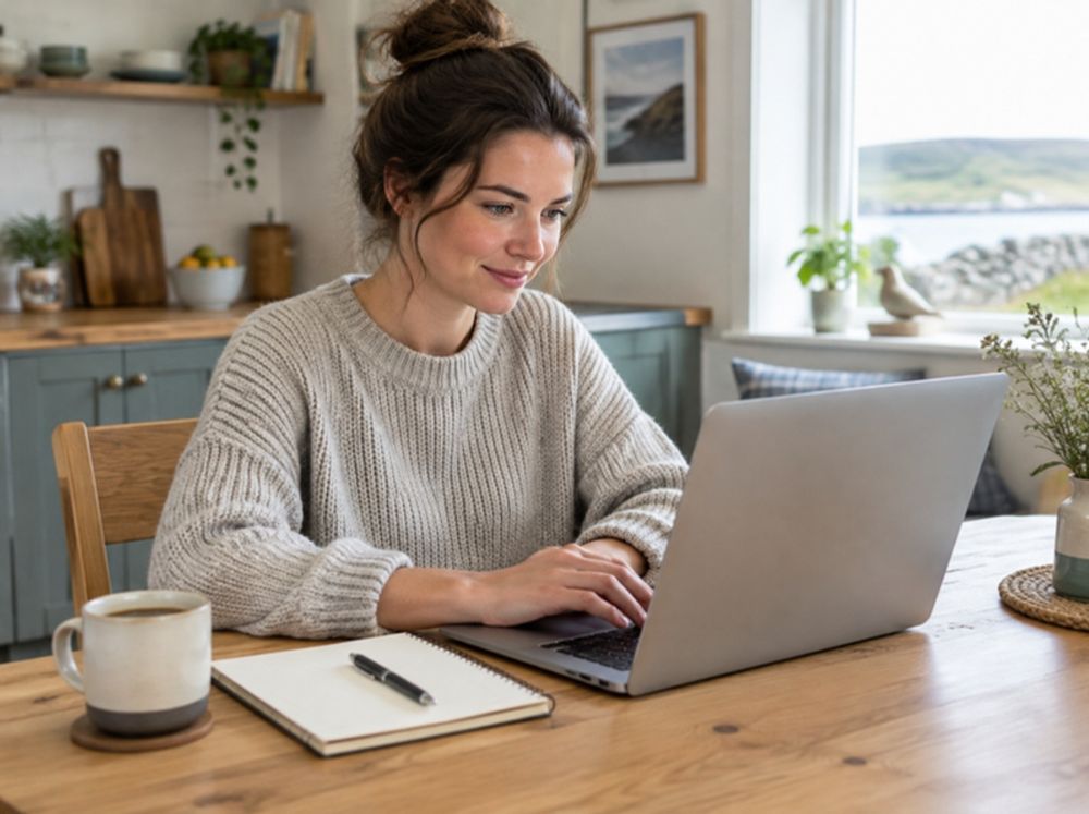 A woman working on a laptop at her kitchen table