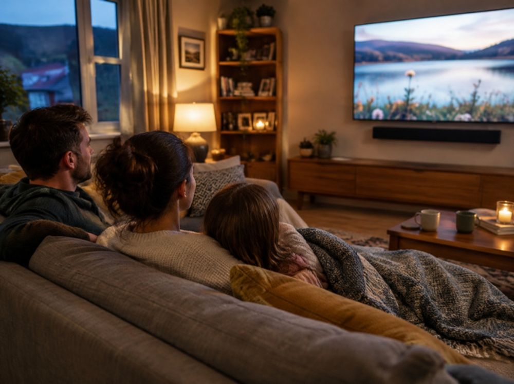 A family watching a large TV in their living room