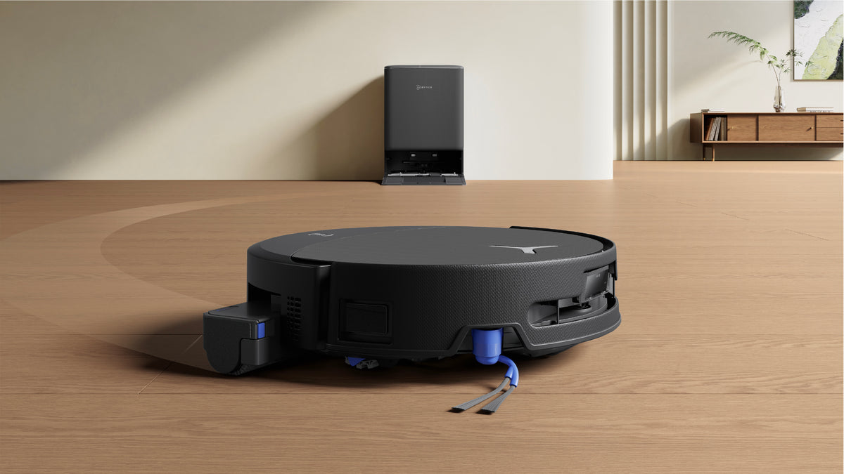 Ecovacs DEEBOT T90 PRO OMNI Robot Vacuum and Mop - Black - robot on a wooden floor
