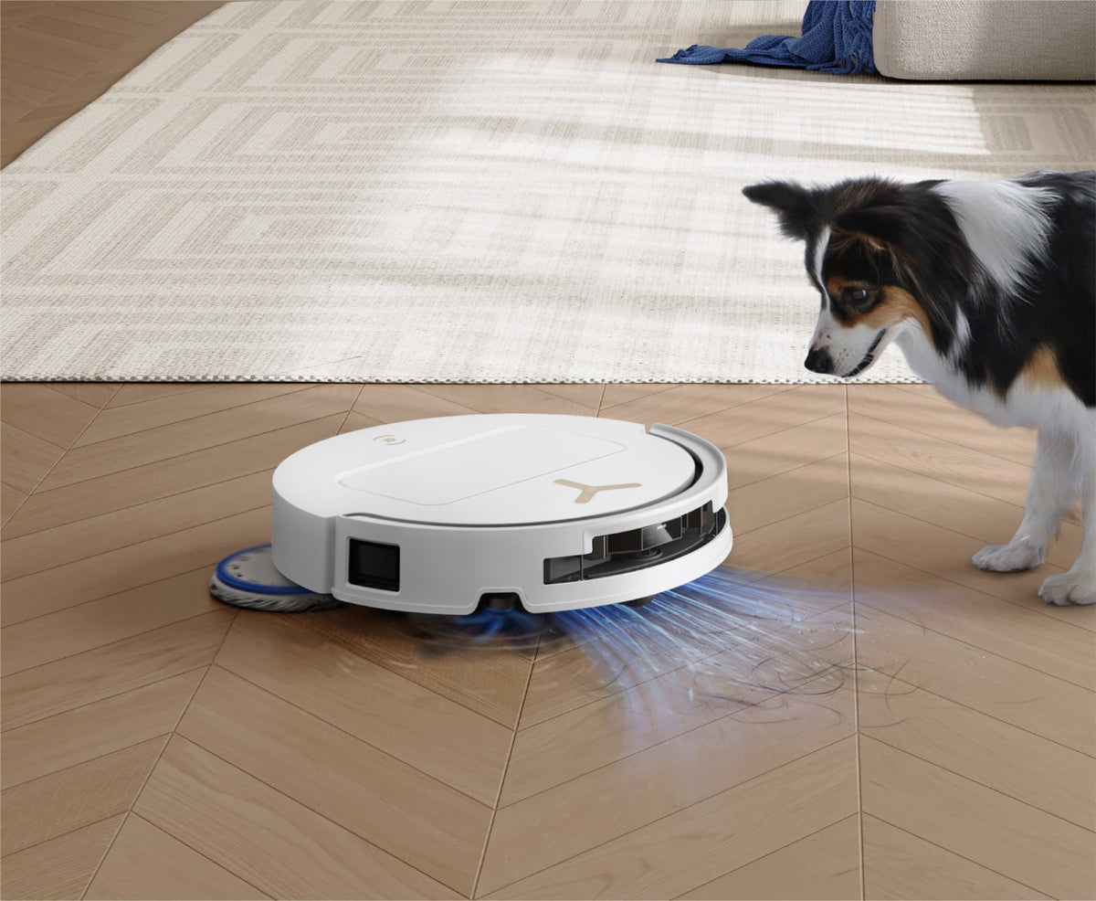 Ecovacs DEEBOT T50 PRO OMNI Gen3 Robot Vacuum and Mop - White - robot on a carpet