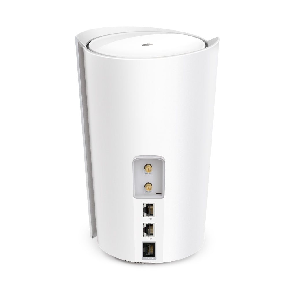 TP-Link Deco X50-5G, single unit — rear view showing SIM slot, antenna ports and Ethernet ports