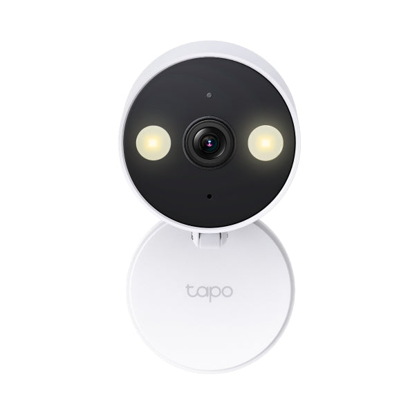 Tapo C120 indoor/outdoor Wi-Fi security camera, front view on base showing Tapo logo
