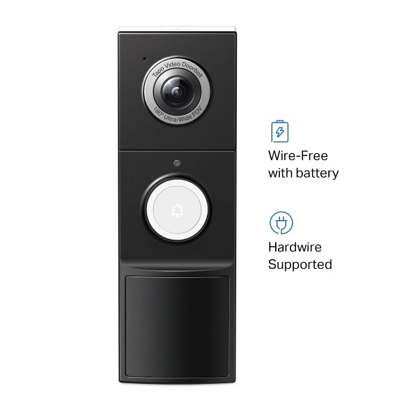Tapo D235 smart video doorbell camera, front view showing wire-free/hardwire power options