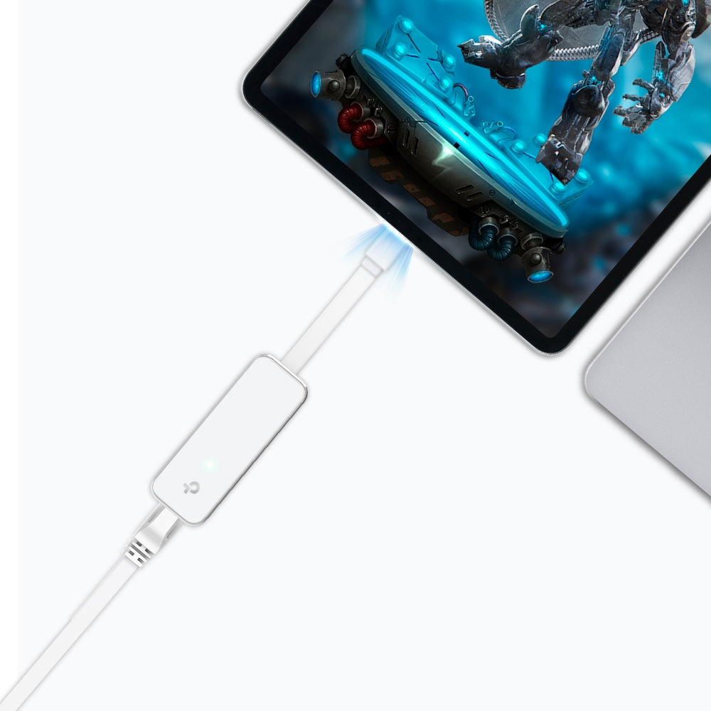 TP-Link UE300C USB 3.0 Type-C to Gigabit Ethernet Network Adapter — in-use, plugged into tablet
