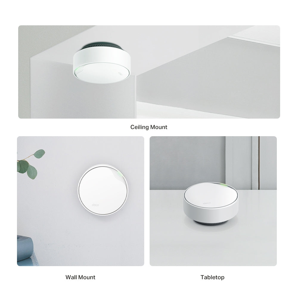 TP-Link Deco X50-PoE mounting options — ceiling, wall and tabletop, one unit per scene