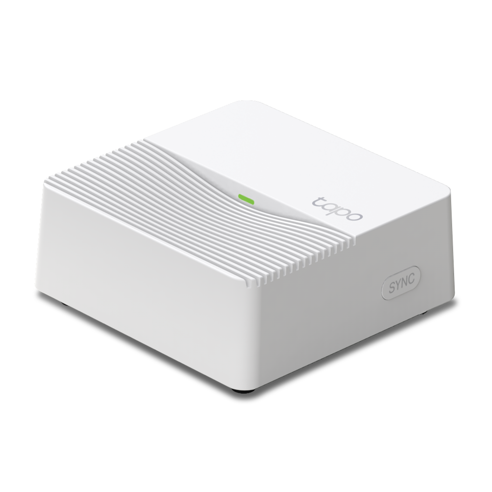 Tapo H200 smart hub — angled product view with SYNC button