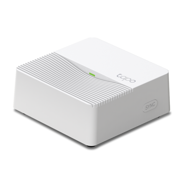 Tapo H200 smart hub — angled product view with SYNC button