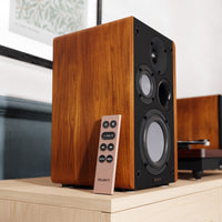 Majority D100 Powered Bookshelf Speakers, Wood - official product image