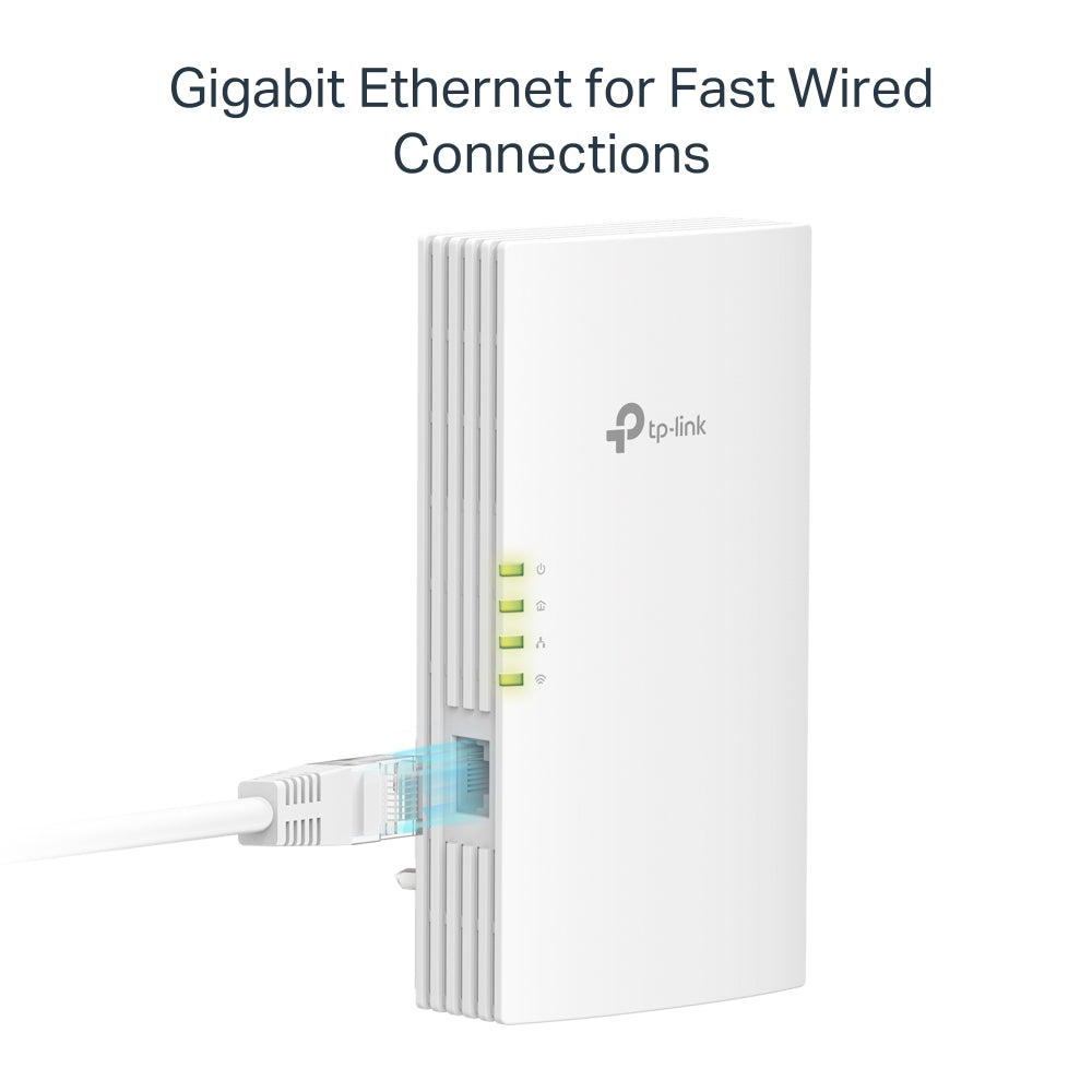 TP-Link TL-WPA7817 KIT AV1000 Powerline, AX1500 WiFi 6, Gigabit port & EasyMesh — single-unit detail view with Ethernet cable